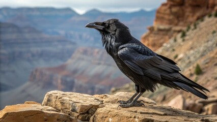 Majestic Black Raven Perched on Rocky Cliff at Grand Canyon Vista