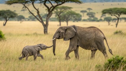 Fototapeta premium Majestic Elephants Walking Together in Serengeti Grasslands