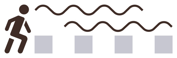 Silhouette human figure jumping over square blocks while wavy lines above indicate difficulty or effort. Ideal for teamwork, perseverance, growth, problem-solving, energy, resilience, simple flat