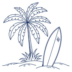 A classic tropical beach scene featuring a detailed outline of a palm tree and a surfboard stuck in the sand © RUJINA