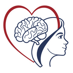 Symbolic representation of a woman s head with a brain inside a heart symbolizing emotional intelligence and cognitive well being