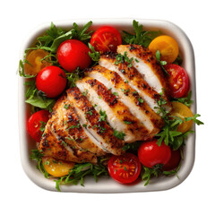 Grilled chicken salad with cherry tomatoes kitchen food photography. Isolated on transparent background, png.