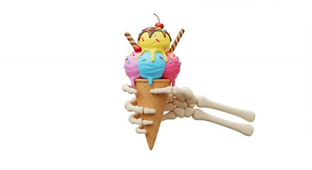 Colorful ice cream in waffle cone held by skeletal hands