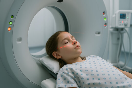 Pediatric patient, a young girl, positioned for a computed tomography scan in a modern hospital radiology department.