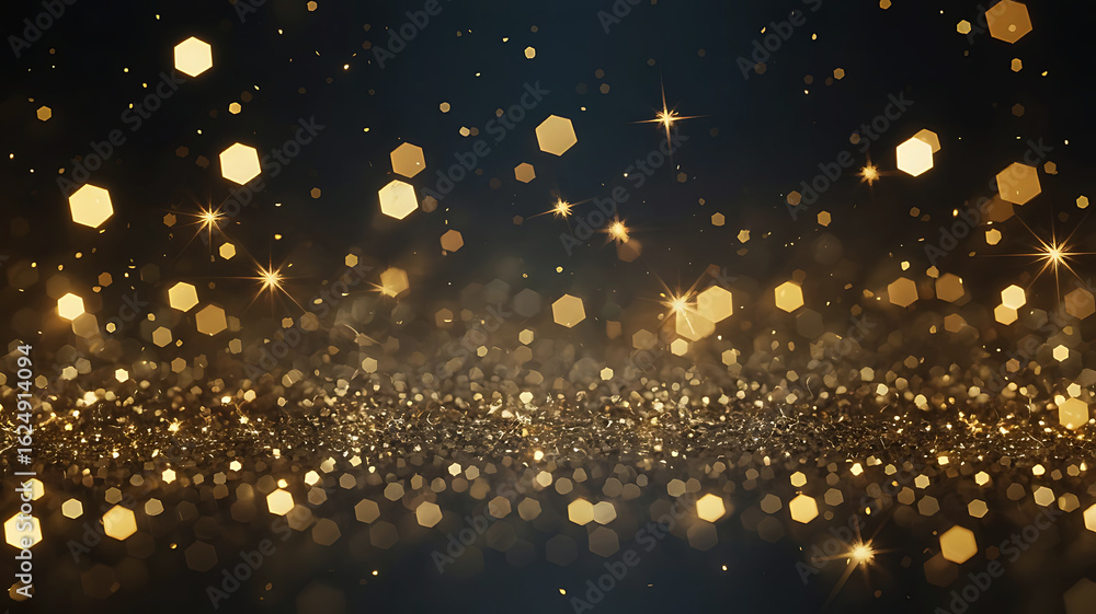 Poster sparkling golden bokeh lights and glitter particles create a magical and festive abstract background