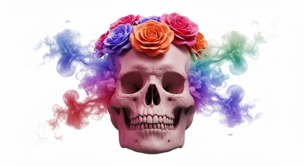 Naklejka premium Colorful skull with floral crown and smoke