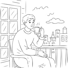 Young man enjoying a warm beverage while sitting on balcony  
