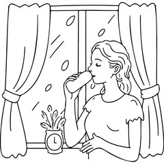 Woman drinking from a cup while standing by the window at home - Concept of World Mental Health Day  