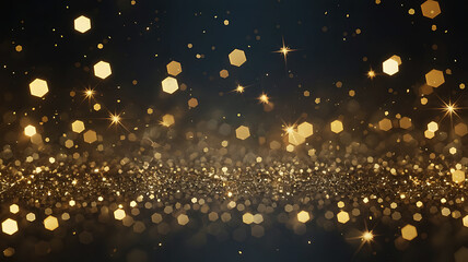 Sparkling golden bokeh lights and glitter particles create a magical and festive abstract background for celebrations