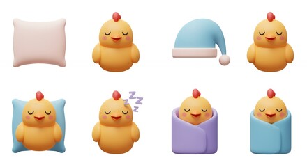 Cute yellow chicken sleeping poses illustrations
