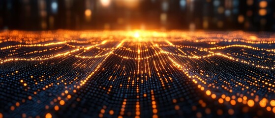 Abstract Digital Landscape: Glowing Particles and Data Waves