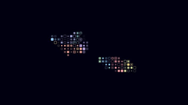 Samoa dotted animation. Shape of the country build of pulsating colored dots. Large size rounded square blocks. Digital style map on dark background. Awesome video.