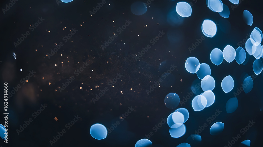 Poster softly blurred blue bokeh lights and tiny sparkling particles against a dark background creating a m