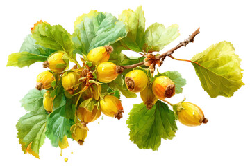 Harvesting fresh hazelnuts in nature botanical illustration. Isolated on transparent background, png.