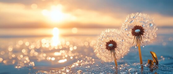 Sunset Dandelions: Serene Lake at Dawn