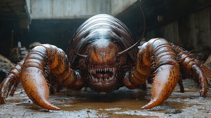 The colossal crustacean monster emerges from the dark depths, its menacing presence filling the desolate urban ruin.