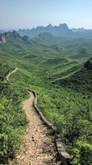Majestic Panorama: Hiking the Great Wall of China through Lush Green Mountains