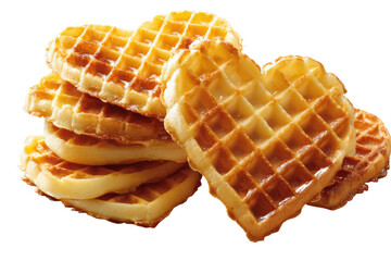 Cozy kitchen heart-shaped waffles breakfast table top view. Isolated on transparent background, png.