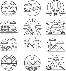 Travel icons depicting various modes of transport and landscapes airplane train