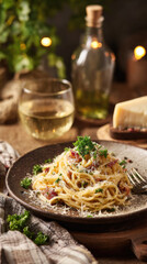 Italian pasta carbonara served on ceramic plate with parmesan and parsley, cozy dining setup
