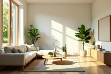 Fototapeta premium Serene Living Room Design with Sunlight Streaming Through Large Window and Minimalist Decor
