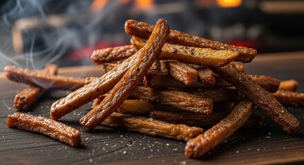Falling french potato fries, isolated on white background