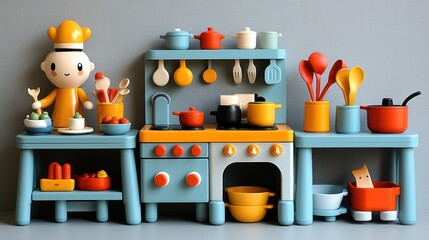 Play kitchen set for kids with toy utensils, food, and accessories for cooking role-play

