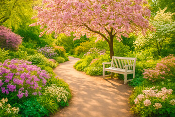Obraz premium High-resolution image of a serene garden path surrounded by lush blooming flowers and a radiant cherry blossom tree. A white bench invites quiet reflection. This scene symbolizes an inner clarity