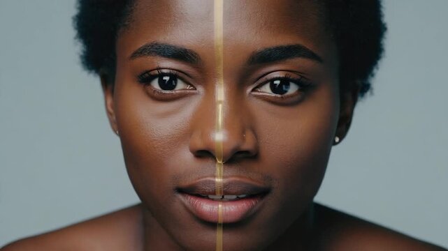 Close-up portrait of a person with a golden line on their face