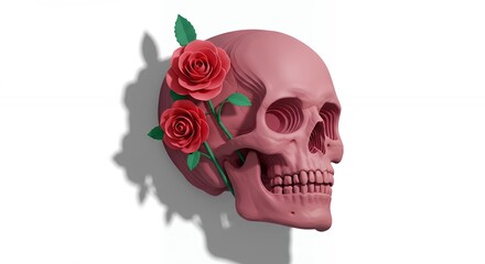 Pink skull with red roses side view