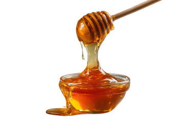 Pouring honey from a spoon into a bowl kitchen food photography. Isolated on transparent background, png.