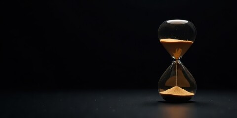 A solitary hourglass, its amber sand slowly descending against a stark black backdrop, symbolizes the fleeting nature of time and the relentless march of moments.