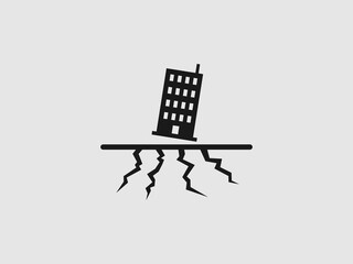 A graphic illustration of a building on a cracked
