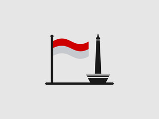a waving Indonesian flag next to the National Monument