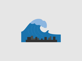 A colorful vector illustration of a massive blue wave crashing over a city skyline