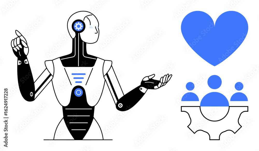 Aufkleber futuristic robot gesturing towards a heart and team collaboration icon on a gear. ideal for technolo