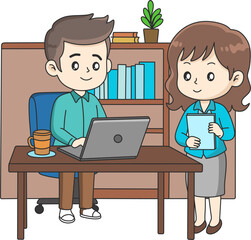 A cheerful cartoon business team in an office: a man working on a laptop, a woman holding documents