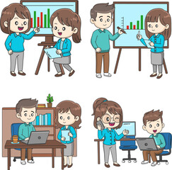 A set of four cute cartoon business illustrations featuring presentations, teamwork, and individual work with charts and laptops