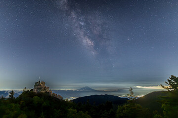 星明かりに輝く天狗岩天空の剣と富士山にかかる天の川