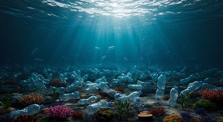 Plastic Pollution In Ocean - Underwater Shine With garbage Floating On Sea - Environmental Problem
