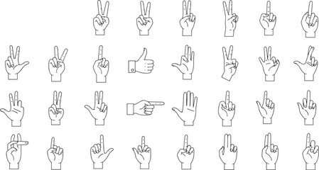 Vector hand gestures set, finger sign illustrations, line art icons, expressive body language drawings, cad drawing flat vector illustration