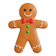 A gingerbread man cookie with a red bow tie and green buttons on a white background.