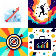 Obraz premium Vibrant Abstract Business Concept Illustrations – Growth Arrow, Balance Beam, Target Bullseye, Colorful Data Graph