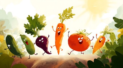 Happy Veggies Run Through Garden. Fun cartoon style for marketing, children's design, and web use.