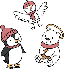 Funny Christmas snowman character set with hat, scarf, and a big smile