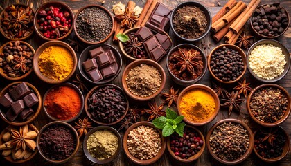 Assorted spices and chocolates on a rustic wooden surface