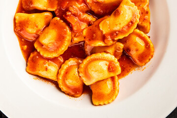 Ravioli beef tomato sauce second course fresh delicious gourmet food background on the table rustic food top view copy space