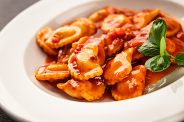 Ravioli beef tomato sauce second course fresh delicious gourmet food background on the table rustic food top view copy space