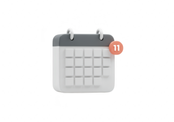 Photo of a 3d calendar icon with a notification showing the 11th, isolated on transparent background, representing an upcoming event