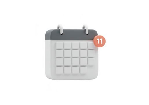 Photo of a 3d calendar icon with a notification showing the 11th, isolated on transparent background, representing an upcoming event